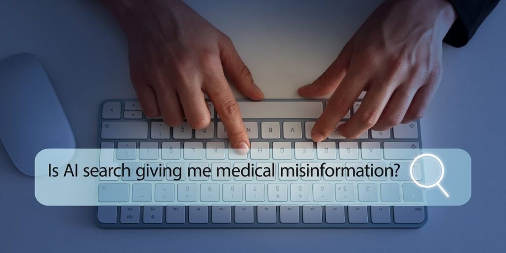 Fingers Rest On A Keyboard Typing Is Ai Search Giving Me Medical Misinformation Into A Keyboard.jpg