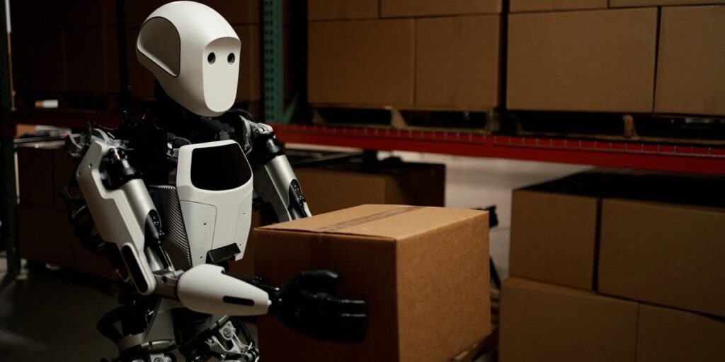 A Black And White Humanoid Robot Lifts A Brown Cardboard Box.jpg